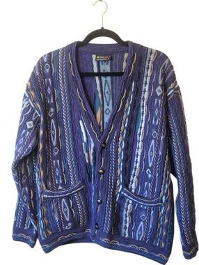 Vintage Geccu Blue Multi-Pattern V-Neck Button Cardigan Size S